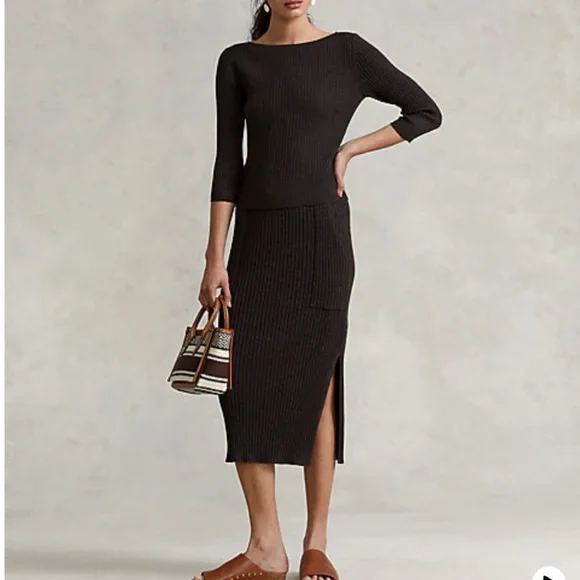POLO RALPH LAUREN SLIM RIB-KNIT TWO PIECE SET W/BOATNECK TOP & MIDI SKIRT SIZE S - Picture 2 of 10